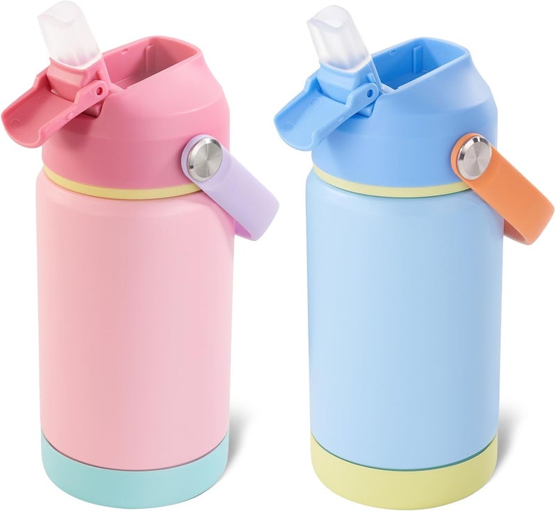 Kerilyn 12oz Kids Water Bottle 2 Pack, Stainless Steel Insulated Water Bottle Bulk, Toddler Cups with Straws Leak-Proof, Kids Water Bottles for School Boys Girls, BPA Free, Sky+Charm Pink 2 Piece Set - Image 1
